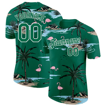 Custom Kelly Green-White Tropical Hawaii Palm Trees Summer Beach Flamingo Performance T-Shirt