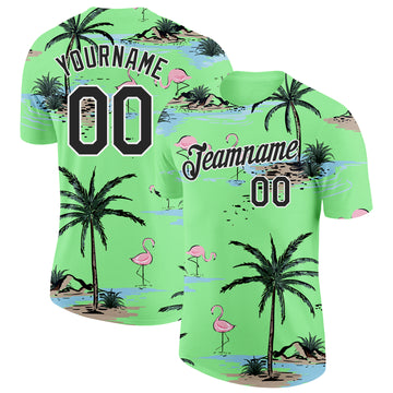 Custom Pea Green Black-White Tropical Hawaii Palm Trees Summer Beach Flamingo Performance T-Shirt