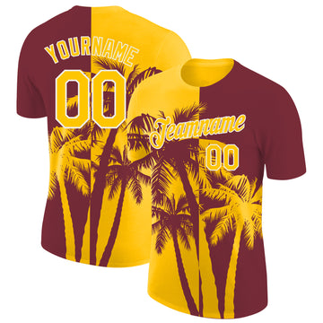Custom Burgundy Yellow-White Hawaii Tropical Coastal Palm Trees Performance T-Shirt