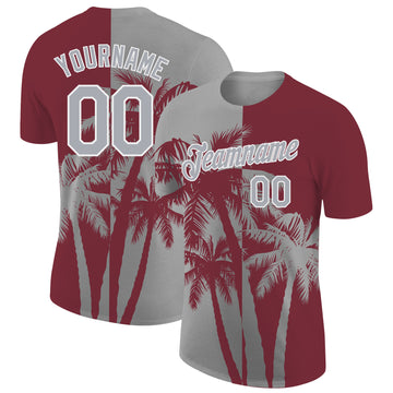 Custom Burgundy Gray-White Hawaii Tropical Coastal Palm Trees Performance T-Shirt