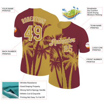 Custom Burgundy Old Gold-White Hawaii Tropical Coastal Palm Trees Performance T-Shirt