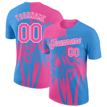 Custom Powder Blue Pink-White Hawaii Tropical Coastal Palm Trees Performance T-Shirt