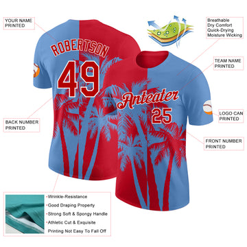 Custom Light Blue Red-White Hawaii Tropical Coastal Palm Trees Performance T-Shirt
