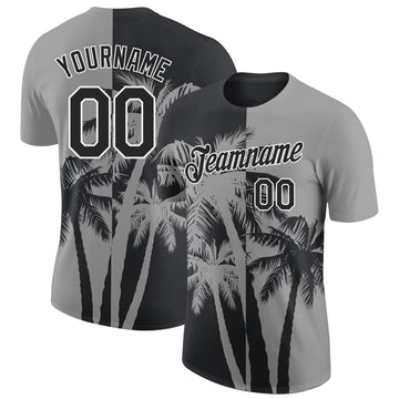 Custom Gray Black-White Hawaii Tropical Coastal Palm Trees Performance T-Shirt