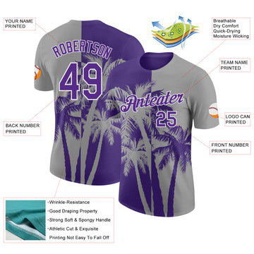 Custom Gray Purple-White Hawaii Tropical Coastal Palm Trees Performance T-Shirt