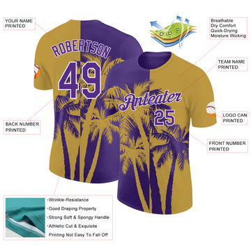 Custom Old Gold Purple-White Hawaii Tropical Coastal Palm Trees Performance T-Shirt