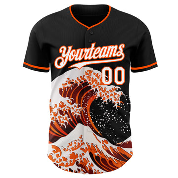 Custom Black White-Orange Japanese Wave 3D Pattern Design Authentic Baseball Jersey