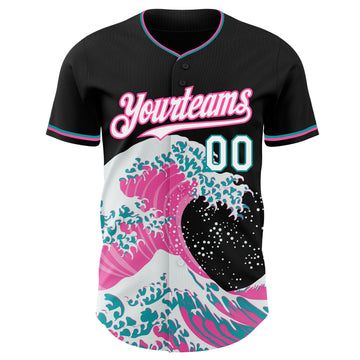 Custom Black White Pink-Teal Japanese Wave 3D Pattern Design Authentic Baseball Jersey