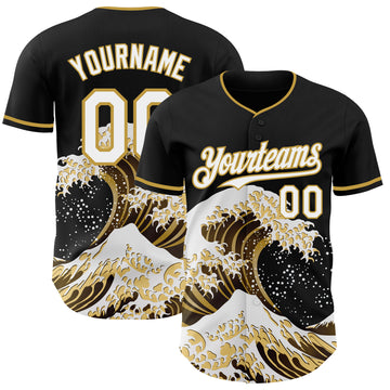 Custom Black White-Old Gold Japanese Wave 3D Pattern Design Authentic Baseball Jersey