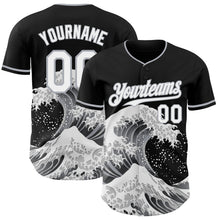 Laden Sie das Bild in den Galerie-Viewer, Custom Black White-Gray Japanese Wave 3D Pattern Design Authentic Baseball Jersey
