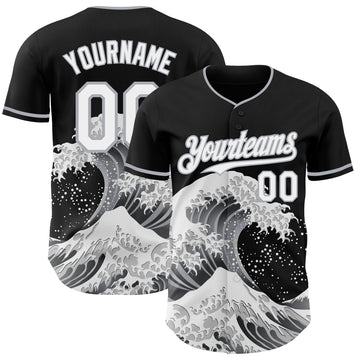 Custom Black White-Gray Japanese Wave 3D Pattern Design Authentic Baseball Jersey