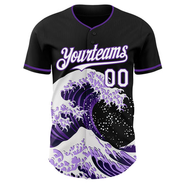 Custom Black White-Purple Japanese Wave 3D Pattern Design Authentic Baseball Jersey