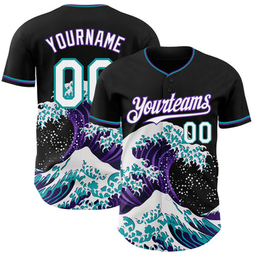 Custom Black White Purple-Teal Japanese Wave 3D Pattern Design Authentic Baseball Jersey