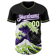Загрузить изображение в средство просмотра галереи, Custom Black White Purple-Neon Green Japanese Wave 3D Pattern Design Authentic Baseball Jersey
