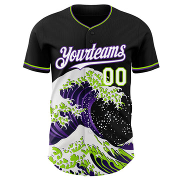 Custom Black White Purple-Neon Green Japanese Wave 3D Pattern Design Authentic Baseball Jersey