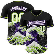 Загрузить изображение в средство просмотра галереи, Custom Black White Purple-Neon Green Japanese Wave 3D Pattern Design Authentic Baseball Jersey
