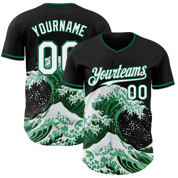 Custom Black White-Kelly Green Japanese Wave 3D Pattern Design Authentic Baseball Jersey