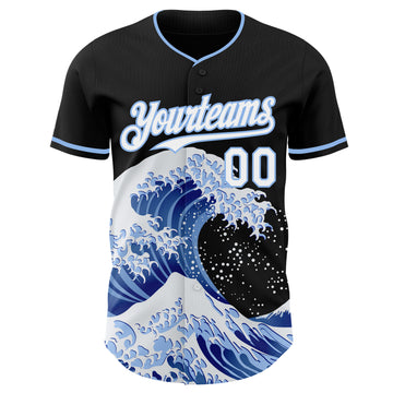Custom Black White-Light Blue Japanese Wave 3D Pattern Design Authentic Baseball Jersey