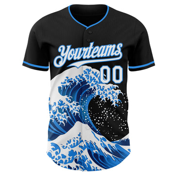Custom Black White-Electric Blue Japanese Wave 3D Pattern Design Authentic Baseball Jersey