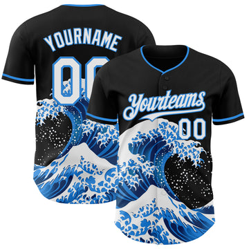 Custom Black White-Electric Blue Japanese Wave 3D Pattern Design Authentic Baseball Jersey