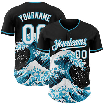 Custom Black White-Panther Blue Japanese Wave 3D Pattern Design Authentic Baseball Jersey