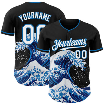 Custom Black White-Blue Japanese Wave 3D Pattern Design Authentic Baseball Jersey