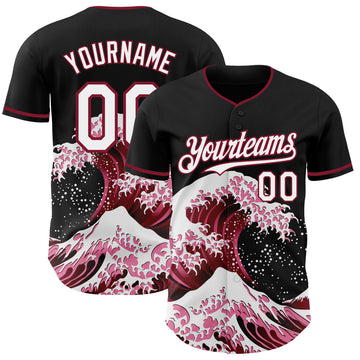 Custom Black White-Crimson Japanese Wave 3D Pattern Design Authentic Baseball Jersey