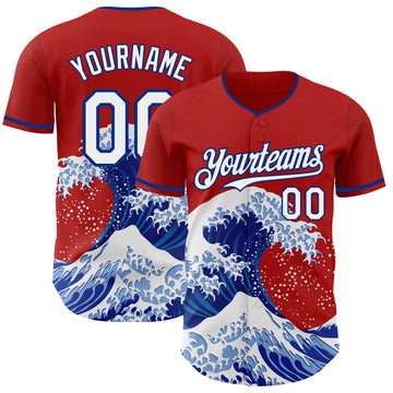 Custom Red White-Royal Japanese Wave 3D Pattern Design Authentic Baseball Jersey