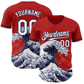 Custom Red White-Navy Japanese Wave 3D Pattern Design Authentic Baseball Jersey