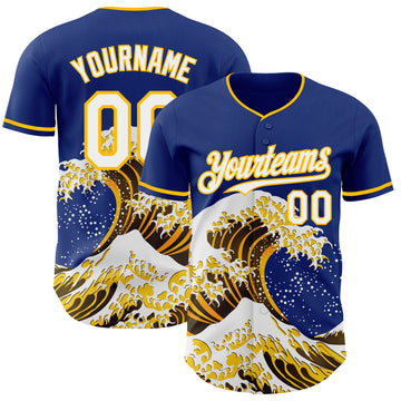 Custom Royal White-Gold Japanese Wave 3D Pattern Design Authentic Baseball Jersey