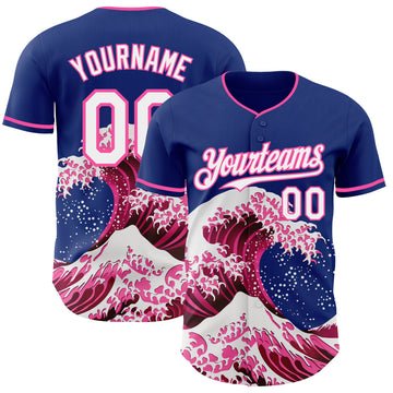 Custom Royal White-Pink Japanese Wave 3D Pattern Design Authentic Baseball Jersey