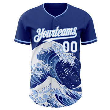 Custom Royal White-Light Blue Japanese Wave 3D Pattern Design Authentic Baseball Jersey
