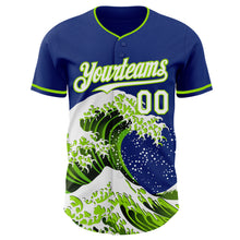 Laden Sie das Bild in den Galerie-Viewer, Custom Royal White-Neon Green Japanese Wave 3D Pattern Design Authentic Baseball Jersey
