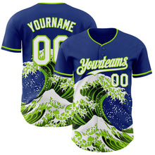 Laden Sie das Bild in den Galerie-Viewer, Custom Royal White-Neon Green Japanese Wave 3D Pattern Design Authentic Baseball Jersey
