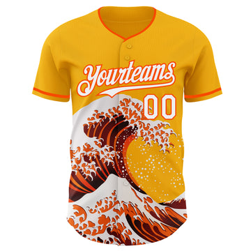 Custom Gold White-Orange Japanese Wave 3D Pattern Design Authentic Baseball Jersey