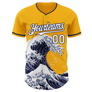 Custom Gold White-Navy Japanese Wave 3D Pattern Design Authentic Baseball Jersey