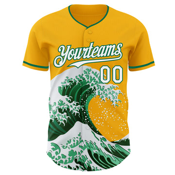 Custom Gold White-Kelly Green Japanese Wave 3D Pattern Design Authentic Baseball Jersey
