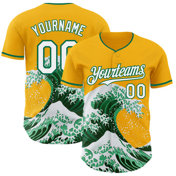 Custom Gold White-Kelly Green Japanese Wave 3D Pattern Design Authentic Baseball Jersey