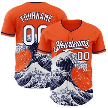 Custom Orange White-Navy Japanese Wave 3D Pattern Design Authentic Baseball Jersey