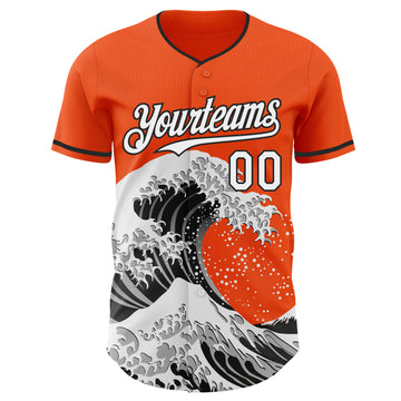 Custom Orange White-Black Japanese Wave 3D Pattern Design Authentic Baseball Jersey