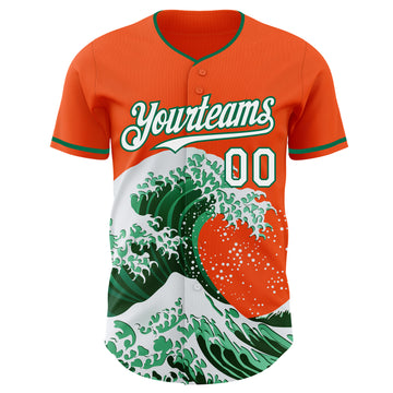 Custom Orange White-Kelly Green Japanese Wave 3D Pattern Design Authentic Baseball Jersey