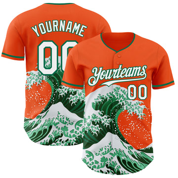 Custom Orange White-Kelly Green Japanese Wave 3D Pattern Design Authentic Baseball Jersey