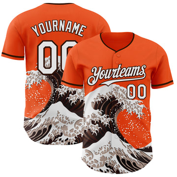 Custom Orange White-Brown Japanese Wave 3D Pattern Design Authentic Baseball Jersey
