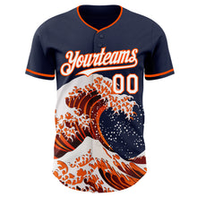 Laden Sie das Bild in den Galerie-Viewer, Custom Navy White-Orange Japanese Wave 3D Pattern Design Authentic Baseball Jersey
