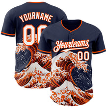 Laden Sie das Bild in den Galerie-Viewer, Custom Navy White-Orange Japanese Wave 3D Pattern Design Authentic Baseball Jersey
