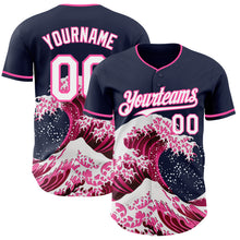Laden Sie das Bild in den Galerie-Viewer, Custom Navy White-Pink Japanese Wave 3D Pattern Design Authentic Baseball Jersey

