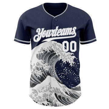 Custom Navy White-Gray Japanese Wave 3D Pattern Design Authentic Baseball Jersey
