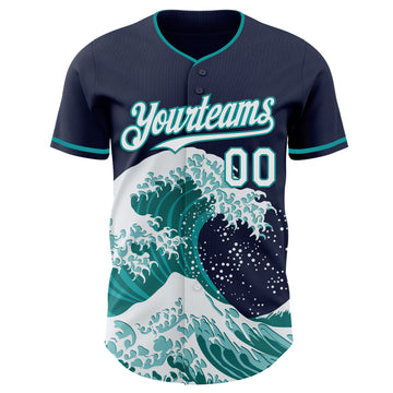 Custom Navy White-Teal Japanese Wave 3D Pattern Design Authentic Baseball Jersey