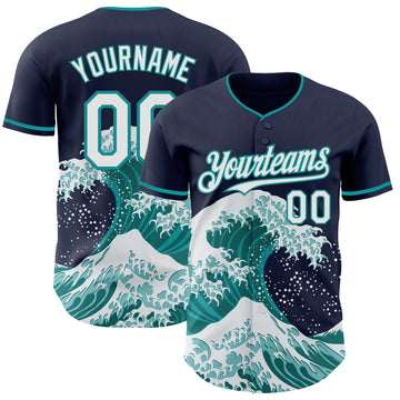 Custom Navy White-Teal Japanese Wave 3D Pattern Design Authentic Baseball Jersey