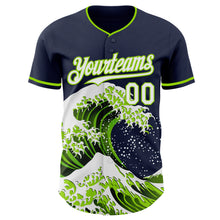 Load image into Gallery viewer, Custom Navy White-Neon Green Japanese Wave 3D Pattern Design Authentic Baseball Jersey
